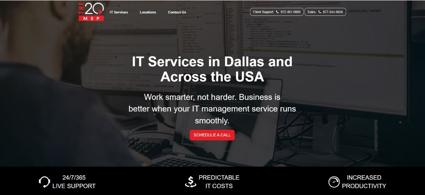 The 20 MSP manufacturing managed IT services Dallas TX homepage screenshot