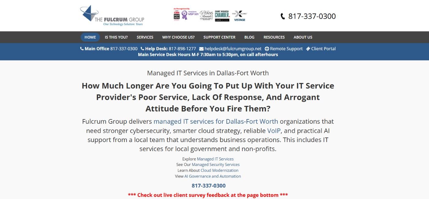The Fulcrum Group DFW-only managed IT for professional services Dallas TX homepage screenshot