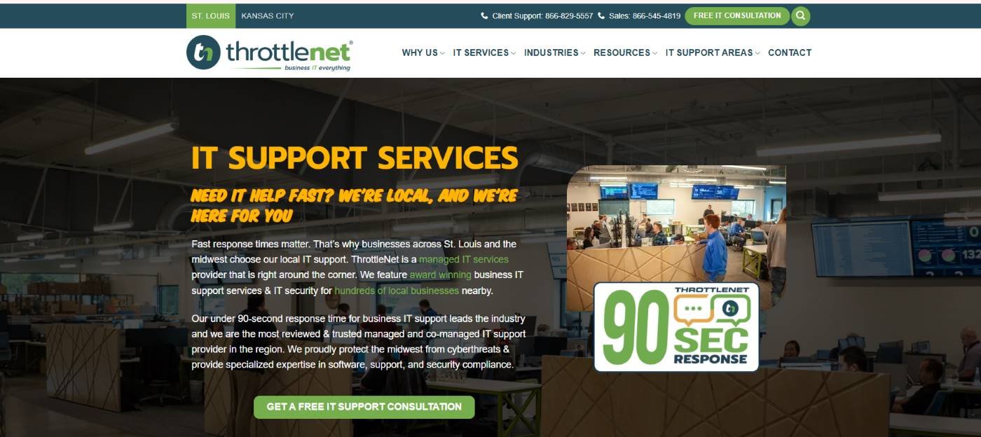 ThrottleNet 24/7 SOC cybersecurity MSP manufacturing St. Louis homepage screenshot