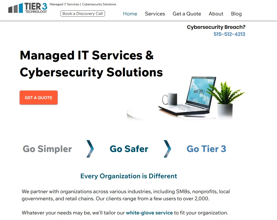 Tier 3 Technology Solutions Des Moines cybersecurity managed IT homepage