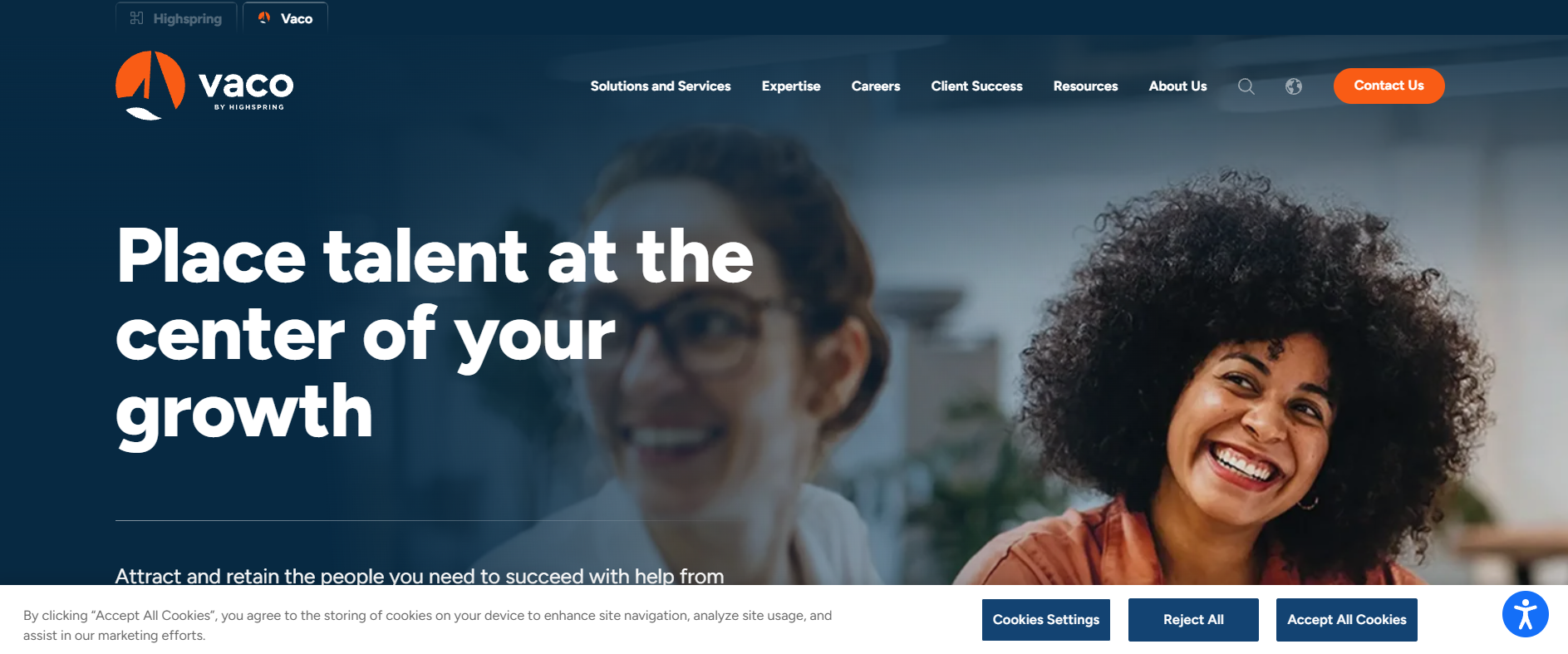 Vaco Nashville staffing agency — homepage screenshot