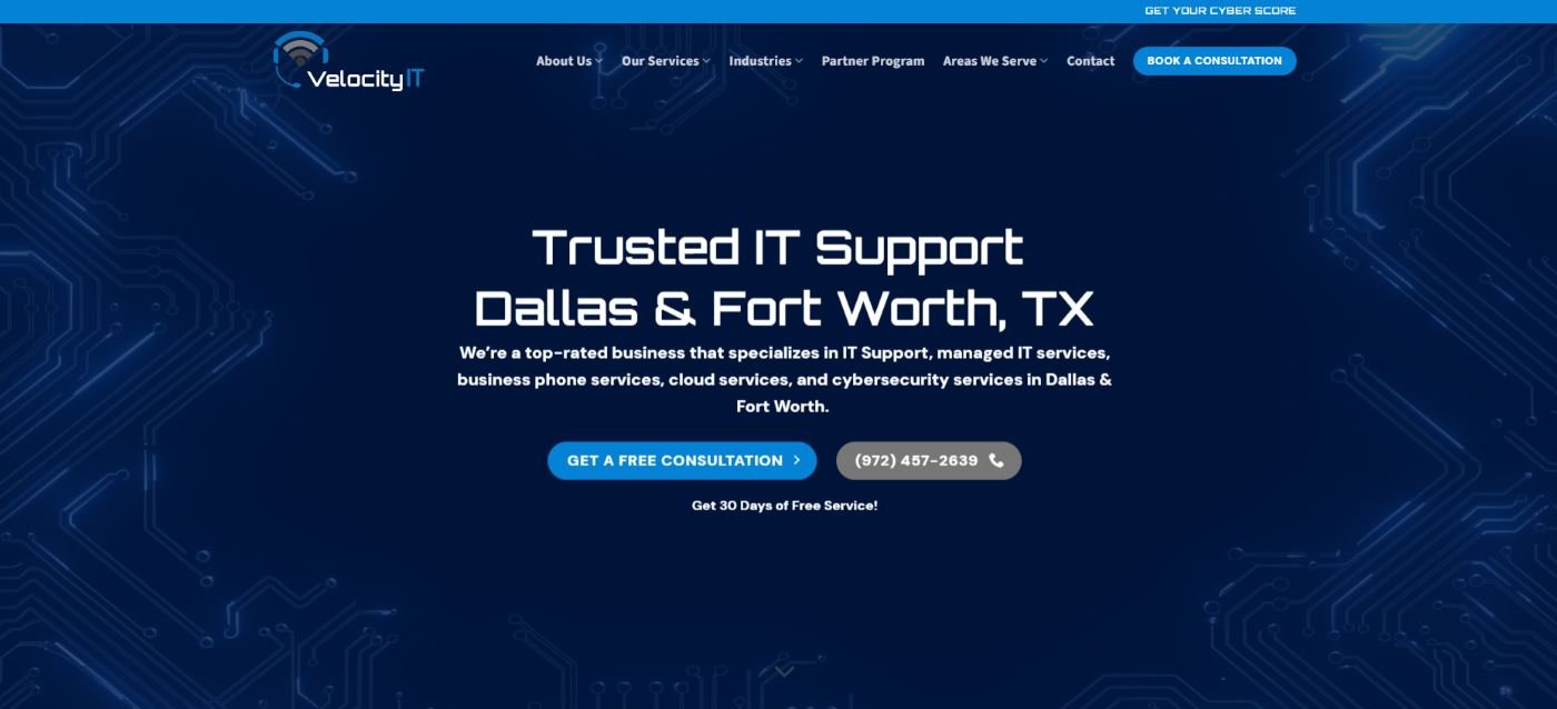 Velocity IT manufacturing managed IT services Dallas TX homepage screenshot