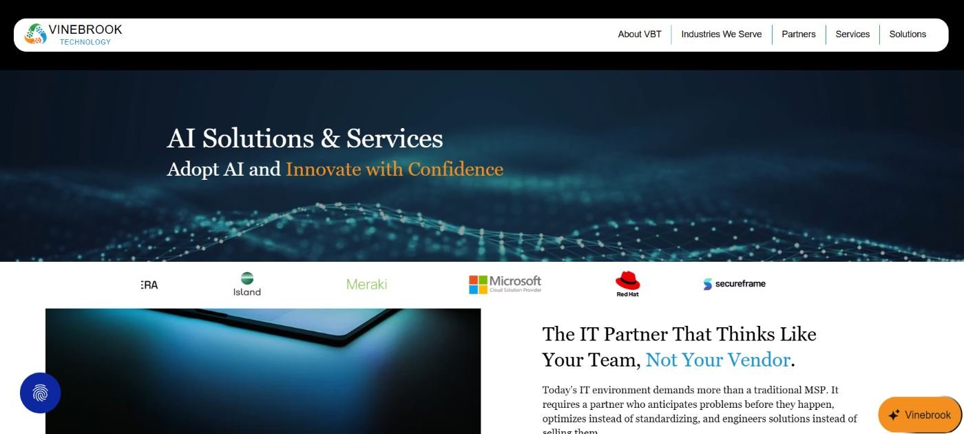 Vinebrook Technology biotech IT services Burlington MA homepage screenshot