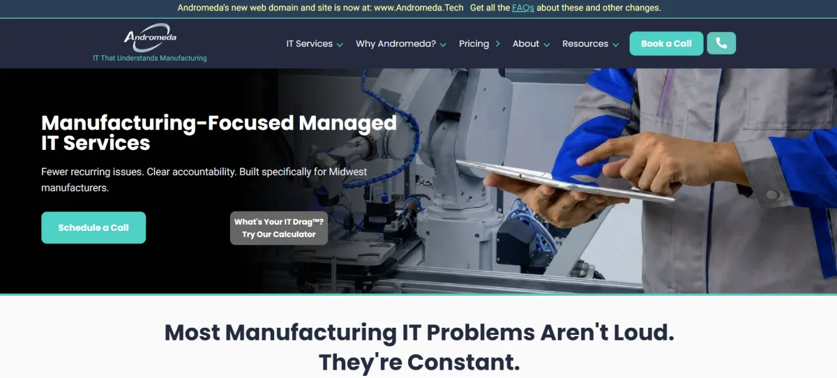 Andromeda manufacturing-focused managed IT services homepage