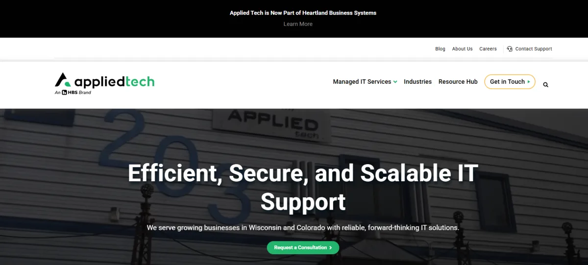 Applied Tech managed IT services Madison WI homepage, now part of Heartland Business Systems