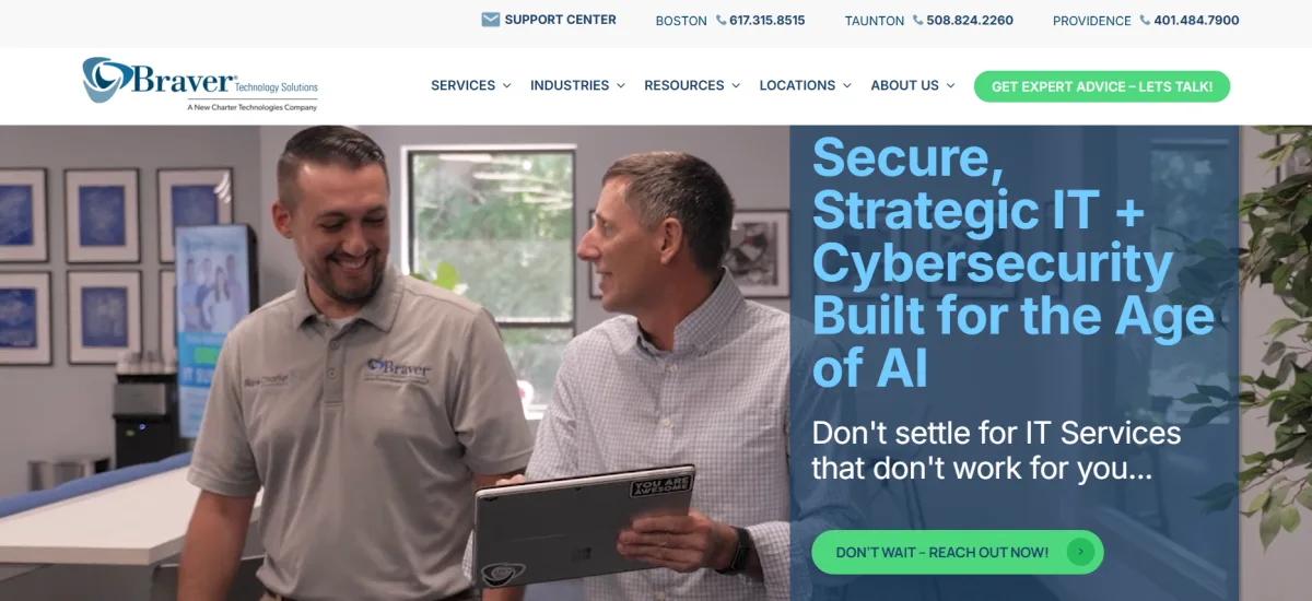 Braver Technology Solutions managed IT and cybersecurity homepage with Providence RI office