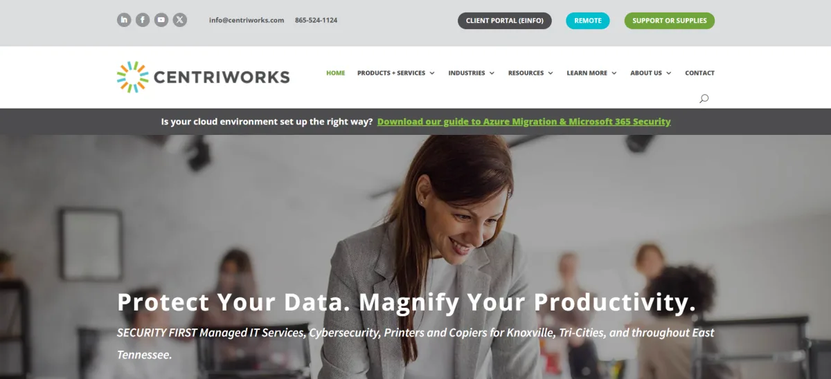 Centriworks managed IT cybersecurity Knoxville manufacturing homepage
