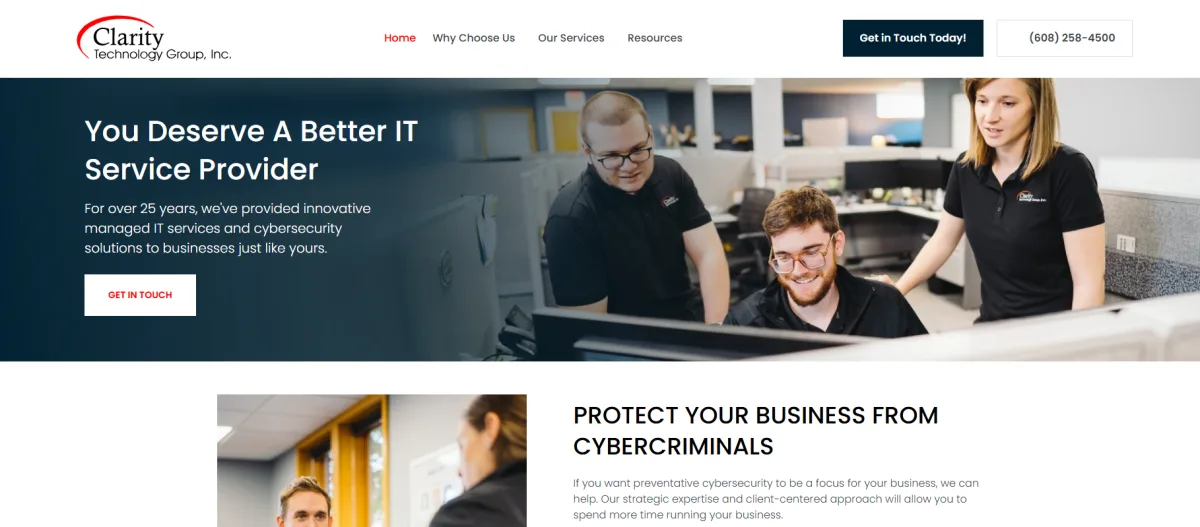 Clarity Technology Group managed IT and web development homepage, Madison WI