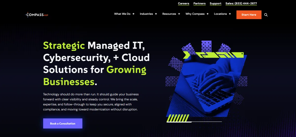 CompassMSP managed IT cybersecurity and cloud solutions homepage with Princeton NJ office serving professional services firms