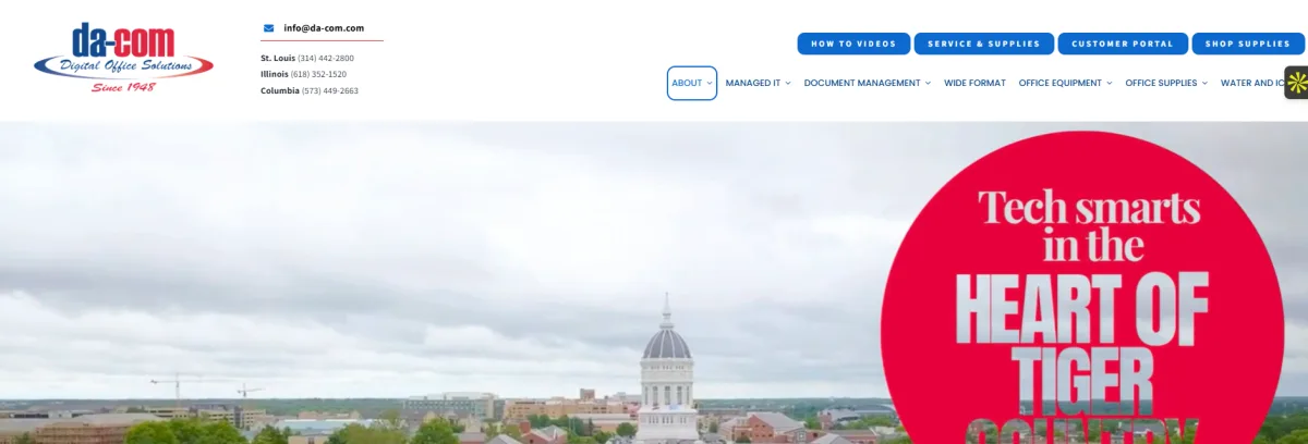 Da-Com Corporation digital office solutions homepage with Columbia, MO location