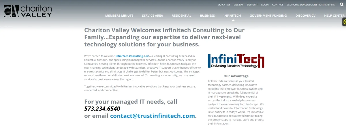 Chariton Valley announcement welcoming InfiniTech Consulting of Columbia, Missouri