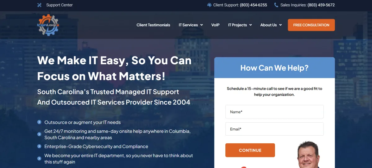 IronLogix managed IT support Columbia SC homepage