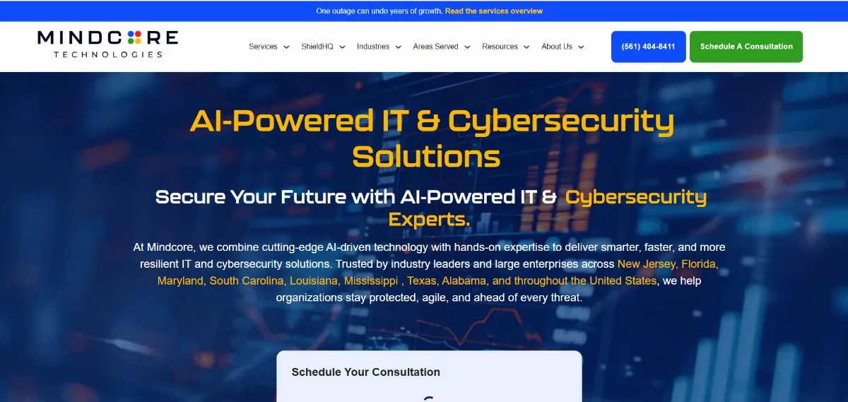 Mindcore Technologies Fairfield New Jersey AI-powered IT and cybersecurity homepage