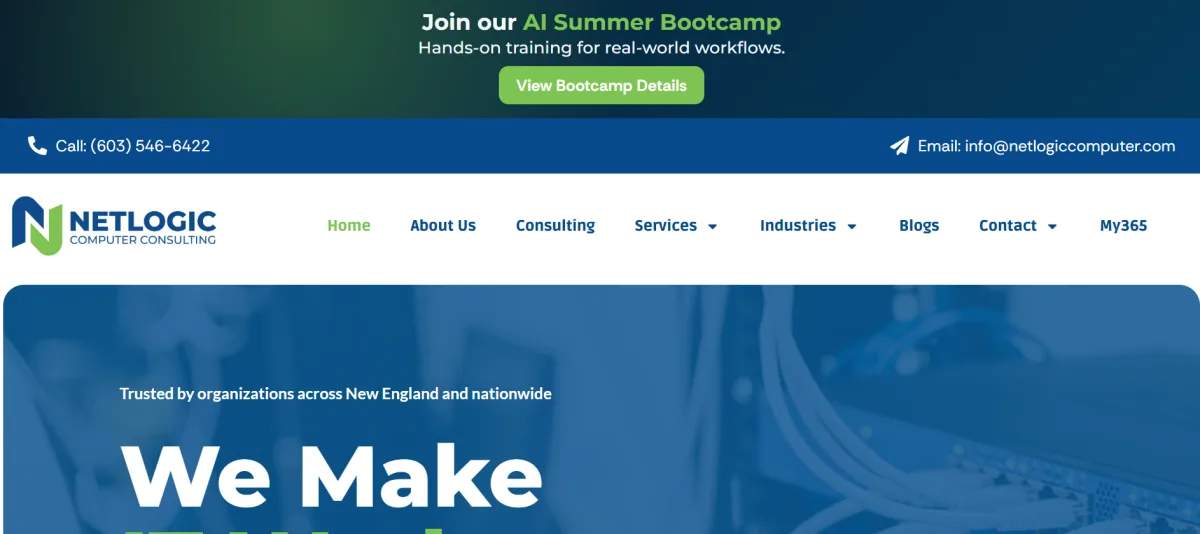 Netlogic Computer Consulting homepage with My365 program, Nashua NH Microsoft 365 specialist MSP serving New England
