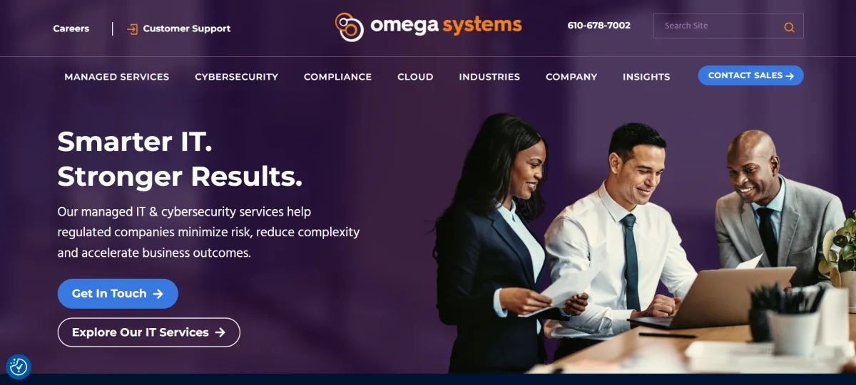 Omega Systems managed IT services homepage, financial compliance