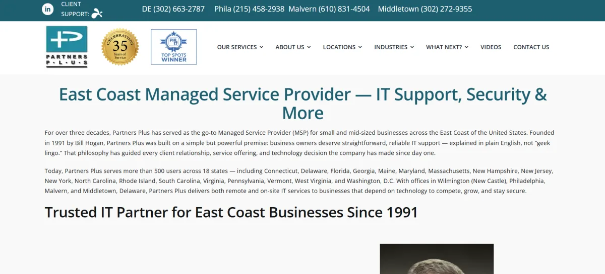 Partners Plus East Coast managed service provider homepage, IT support serving Wilmington and New Castle DE