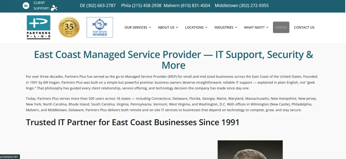 Partners Plus East Coast managed service provider homepage with 35 years of CPA firm IT experience, New Castle DE near Wilmington