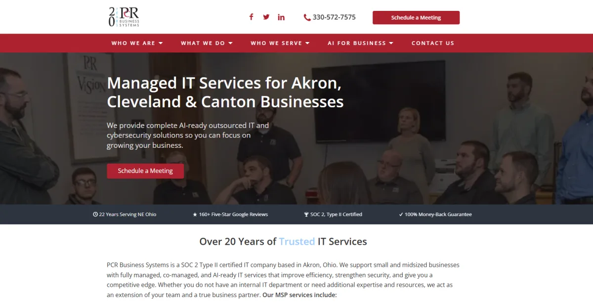 PCR Business Systems managed IT services homepage, Akron Ohio