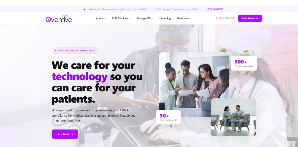 Qventive Healthcare EHR optimization, managed IT and HIPAA compliance homepage for New Jersey medical practices