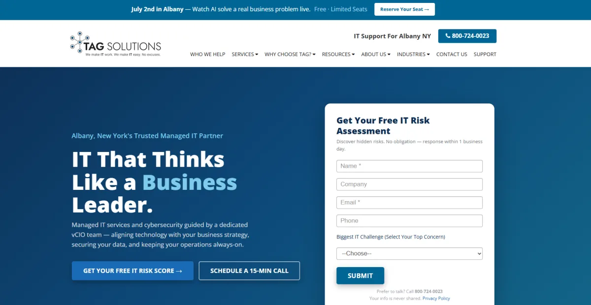 TAG Solutions managed IT and cybersecurity for Albany NY financial firms homepage