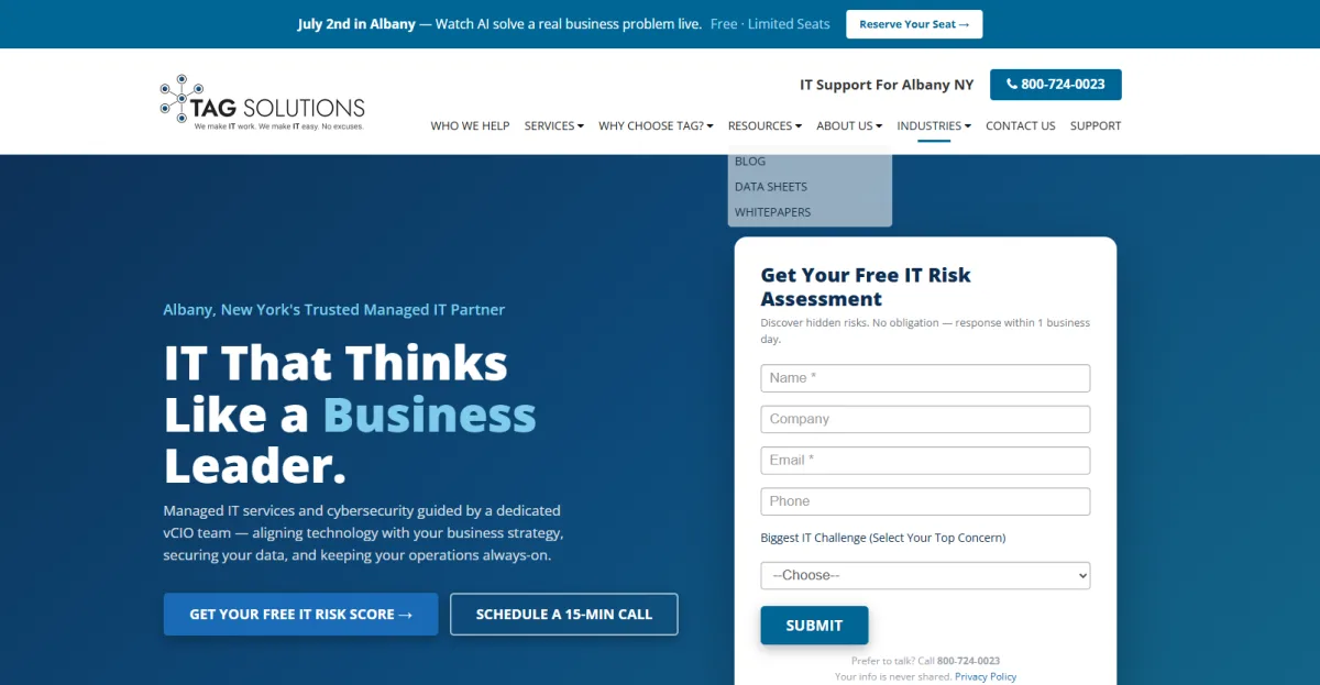 TAG Solutions managed IT and unified communications Albany New York homepage