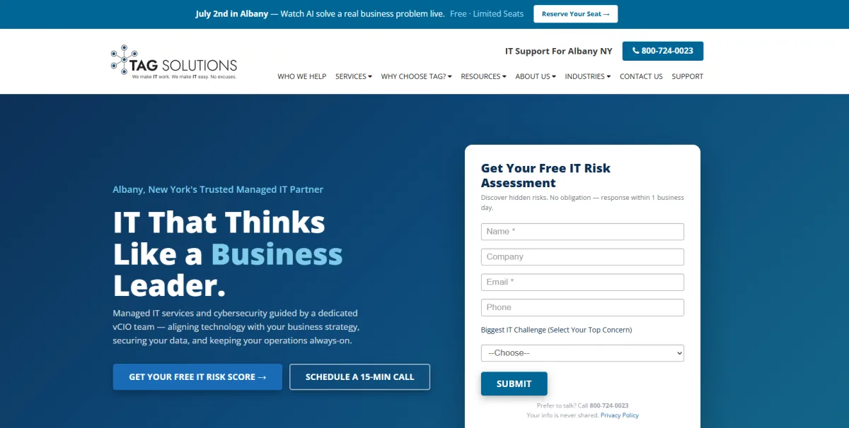 TAG Solutions managed IT Albany NY Capital Region homepage