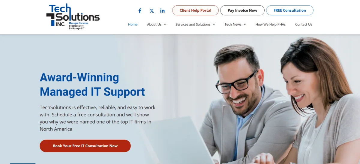 TechSolutions Inc award-winning managed IT support homepage serving professional services firms in Wilmington DE