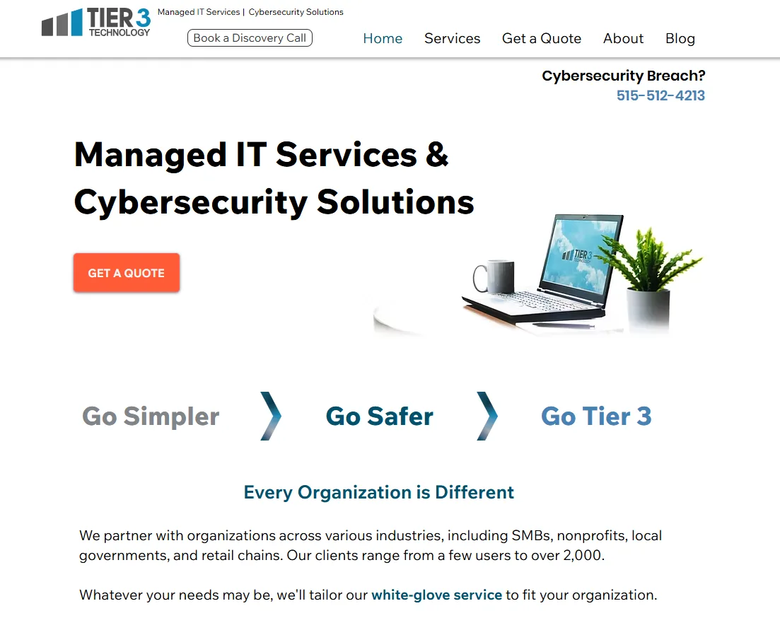Tier 3 Technology cybersecurity managed IT Des Moines Iowa homepage