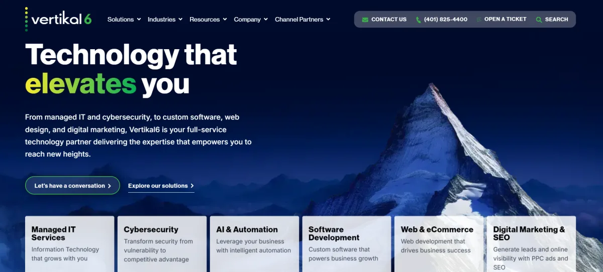 Vertikal6 full-service technology partner homepage, Warwick RI managed IT and cybersecurity