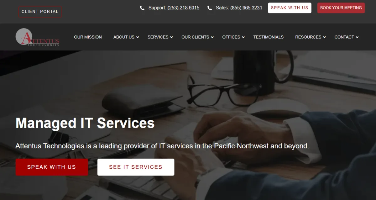 Attentus Technologies homepage showing Puget Sound managed IT and cybersecurity services