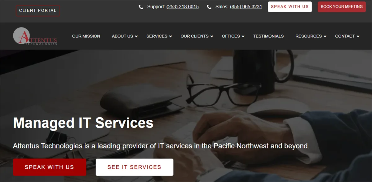 Attentus Technologies managed IT services for Tacoma logistics companies, ranked #1 with a Trust Score of 7.4/10, homepage