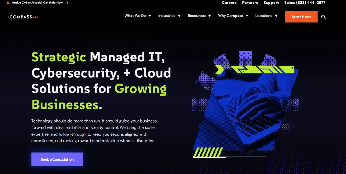 CompassMSP homepage showing managed IT and CMMC compliance services for defense contractors