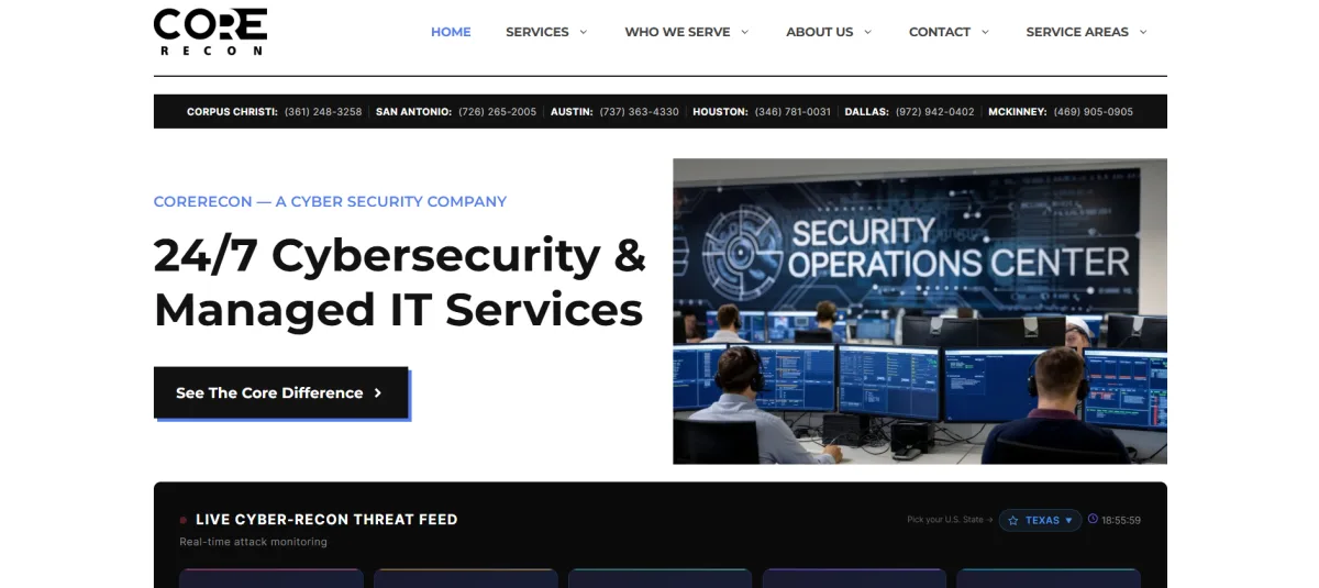 CoreRecon cybersecurity defense contractors Texas homepage