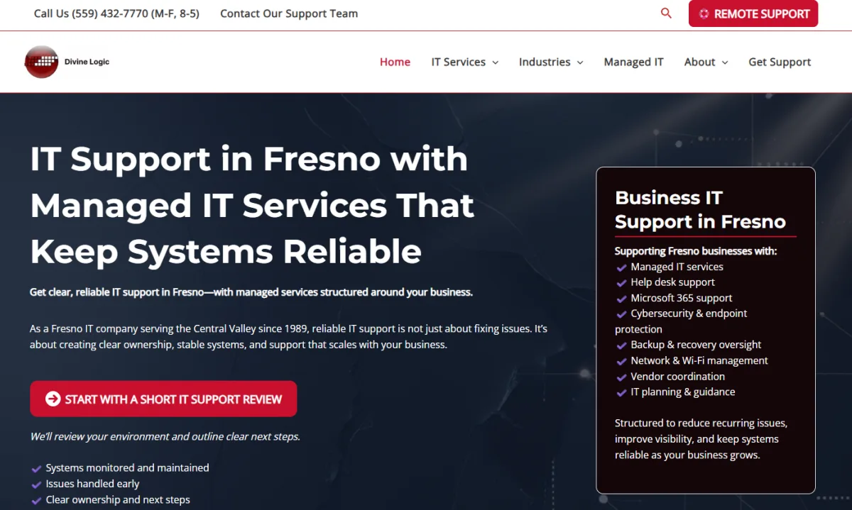 Divine Logic managed IT services Fresno food processing homepage