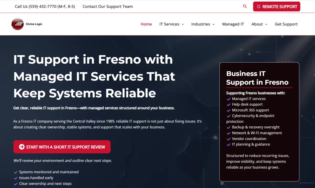 Divine Logic homepage, Fresno IT support provider operating since 1989 ranked number 7 by itreviews.co