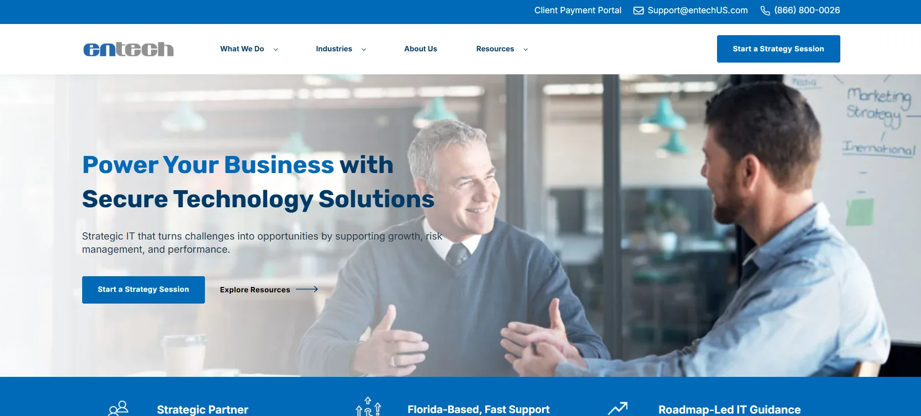 Entech homepage, Fort Myers Florida professional services managed IT provider ranked #1 on itreviews.co with a Trust Score of 8.4/10