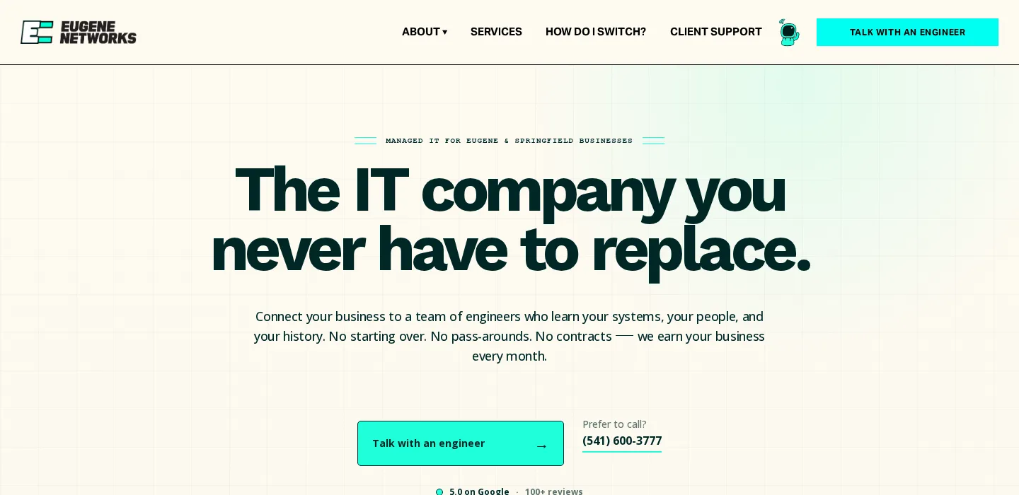 Eugene Networks homepage, managed IT provider for Eugene Oregon manufacturers, ranked #2 with a Trust Score of 6.0/10