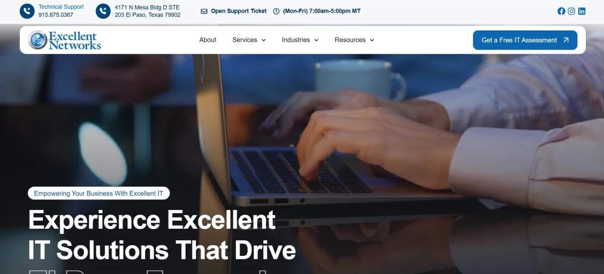 Excellent Networks homepage, El Paso IT services provider ranked #2 by itreviews.co