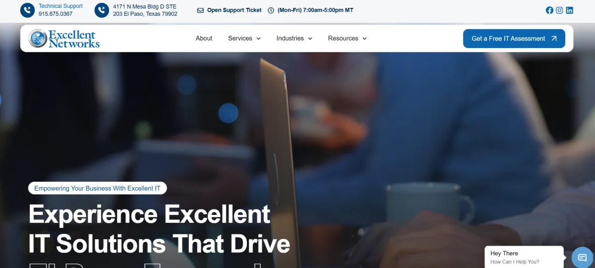 Excellent Networks homepage, El Paso managed IT services ranked number 3 by itreviews.co