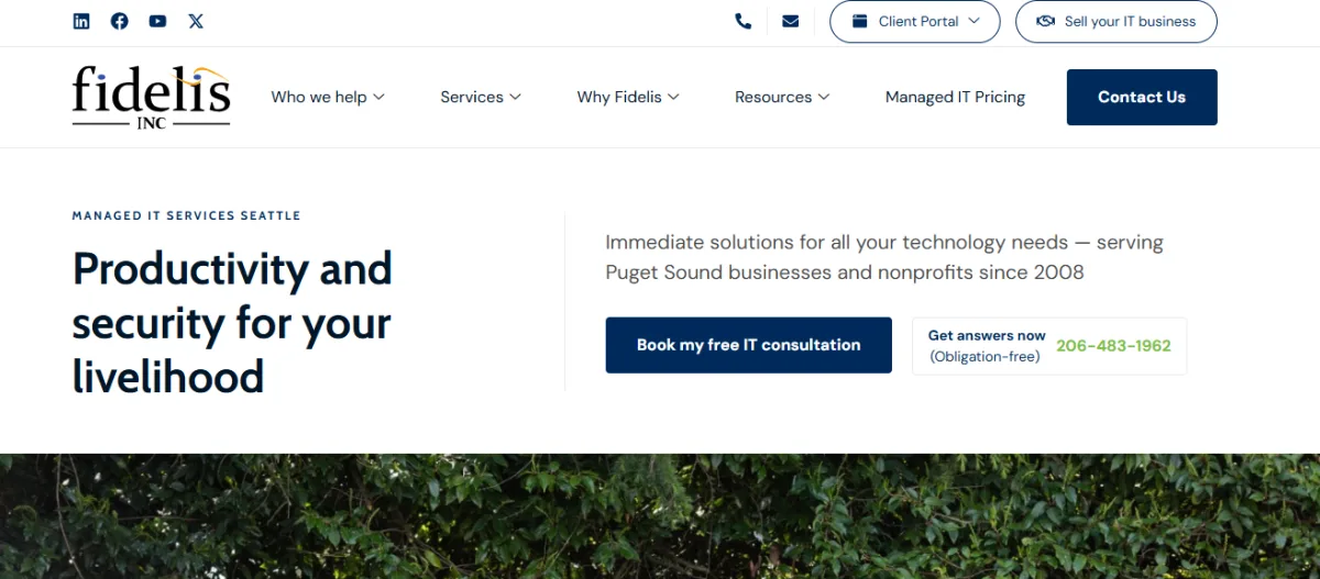 Fidelis Inc homepage showing SDVOSB veteran-owned managed IT services in Renton Washington