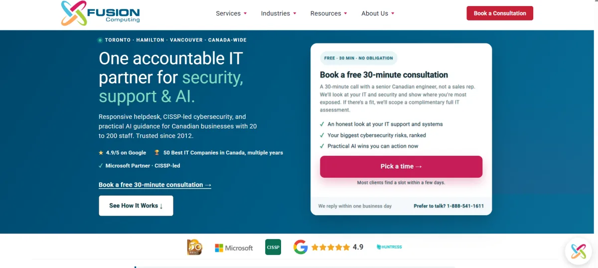 Fusion Computing managed IT cybersecurity Ontario homepage