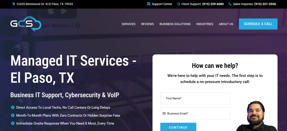 GCS IT homepage, no-contract managed IT services for El Paso legal and accounting firms ranked number 3 by itreviews.co