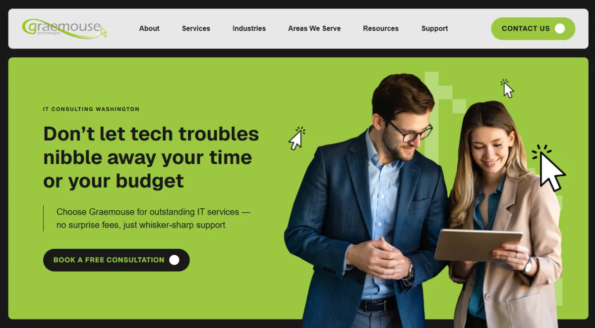 Graemouse Technologies homepage showing Lakewood and Tacoma managed IT support