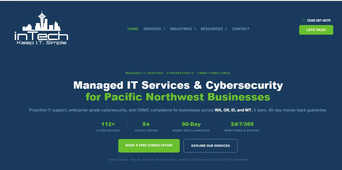inTech Consulting homepage showing Pacific Northwest CMMC compliance and managed IT