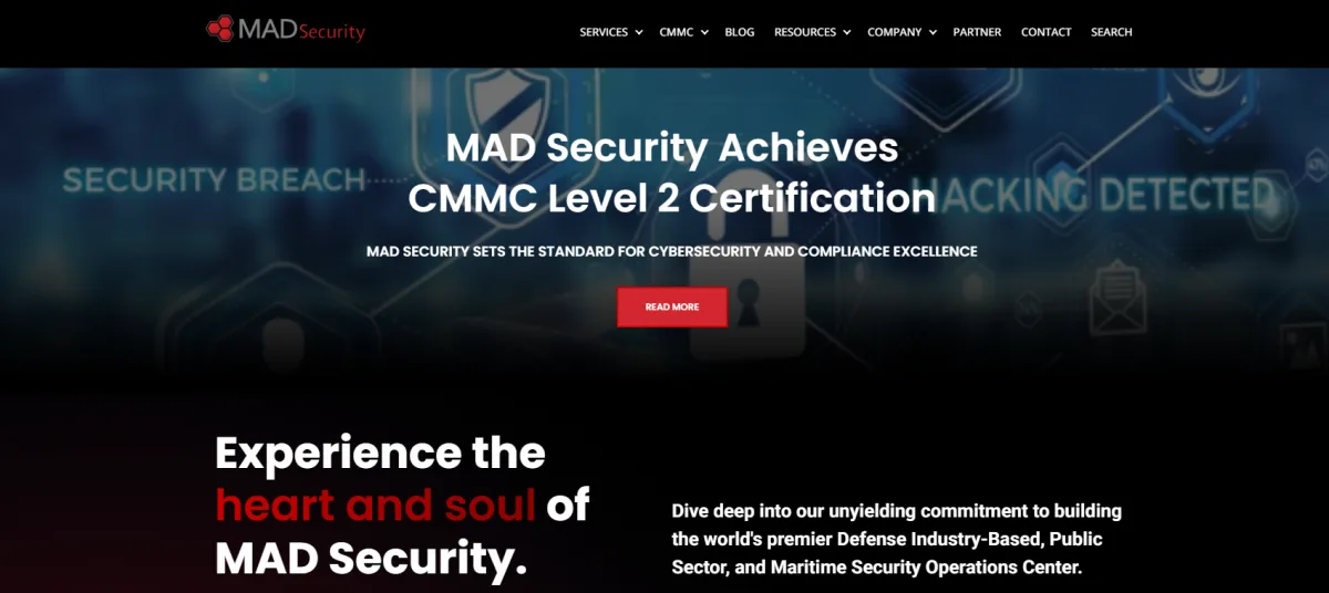 MAD Security managed cybersecurity for defense contractors homepage in Huntsville AL