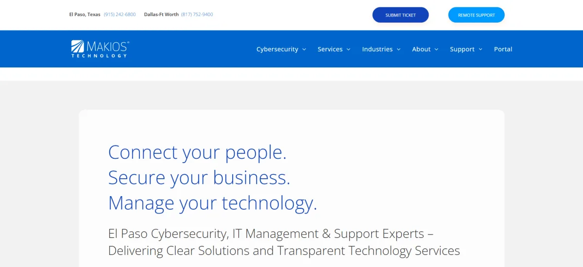 Makios Technology homepage, El Paso cybersecurity and IT services ranked #5 by itreviews.co