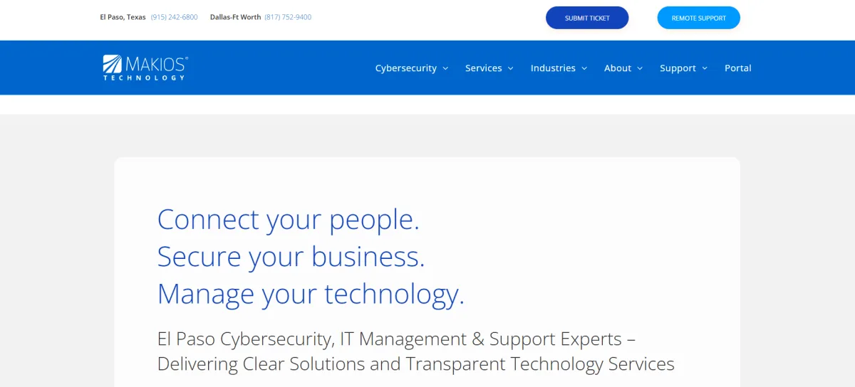 Makios Technology homepage, El Paso cybersecurity and IT services ranked number 4 by itreviews.co