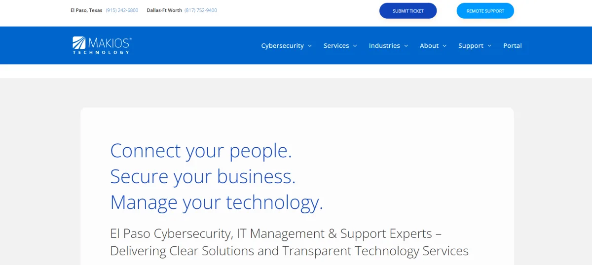 Makios Technology homepage, El Paso cybersecurity and IT services ranked number 5 by itreviews.co
