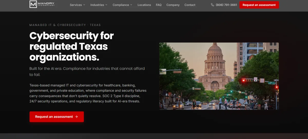 Mandry Technology homepage, Lubbock managed IT with documented FERPA and TX-RAMP compliance for colleges ranked number 1 by itreviews.co