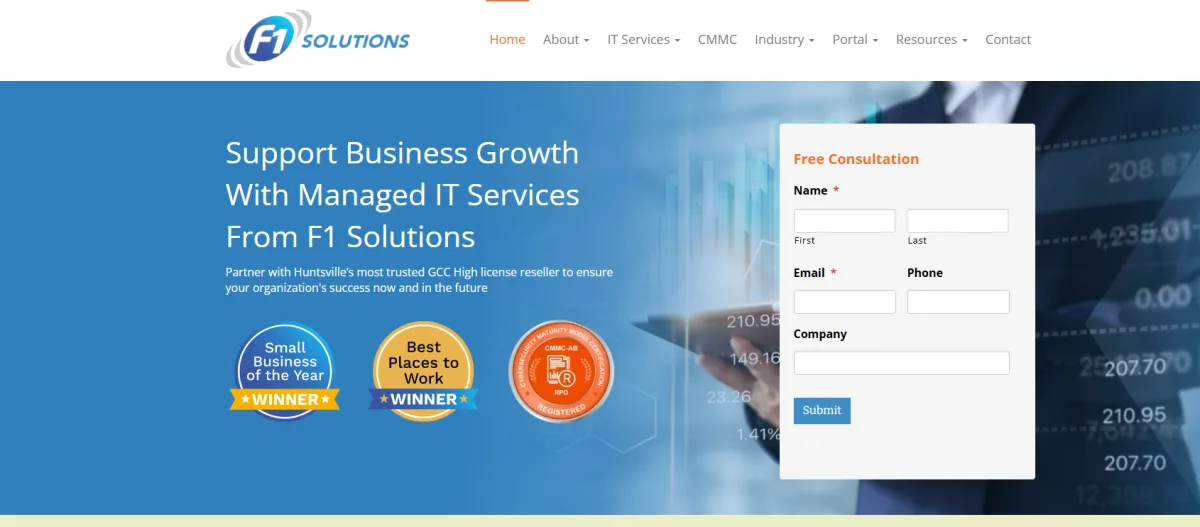 Meriplex F1 Solutions defense contractor IT services homepage in Huntsville AL